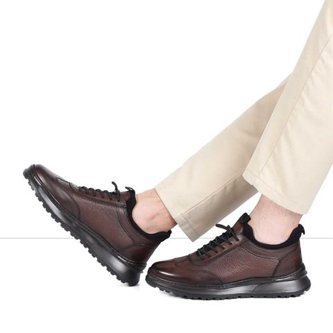 Erkek Kahverengi Bağcıklı Deri Sneaker
