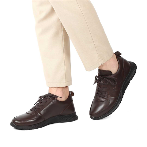 Erkek Kahverengi Bağcıklı Deri Sneaker