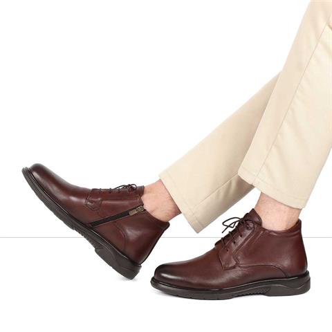 Erkek Kahverengi Bağcıklı Fermuarlı Deri Bot