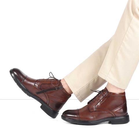 Erkek Kahverengi Bağcıklı Fermuarlı Deri Bot