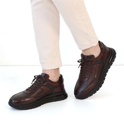 Erkek Kahverengi Bağcıklı Kalın Tabanlı Deri Sneaker
