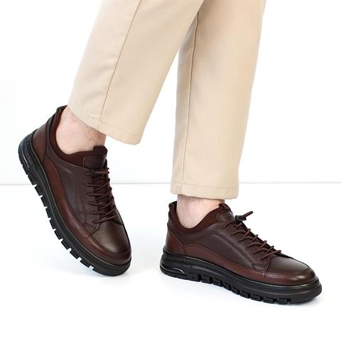 Erkek Kahverengi Bağcıklı Kalın Tabanlı Deri Sneaker