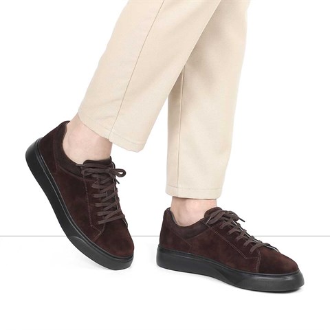 Erkek Kahverengi Bağcıklı Kalın Tabanlı Süet Deri Sneaker