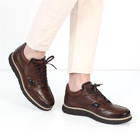 Erkek Kahverengi Bağcıklı Kalın Tabanlı Deri Sneaker