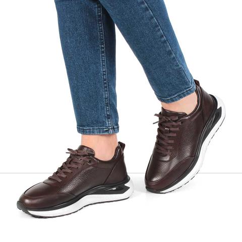 Erkek Kahverengi Bağcıklı Kalın Tabanlı Deri Sneaker