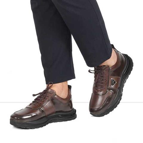 Erkek Kahverengi Bağcıklı Kalın Tabanlı Deri Sneaker