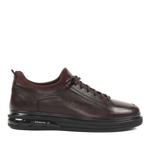 Erkek Kahverengi Bağcıklı Kalın Tabanlı Deri Sneaker
