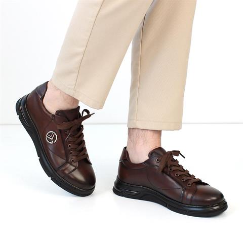 Erkek Kahverengi Bağcıklı Kalın Tabanlı Deri Sneaker