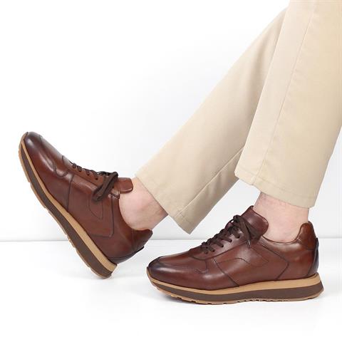 Erkek Kahverengi Bağcıklı Kalın Tabanlı Deri Sneaker
