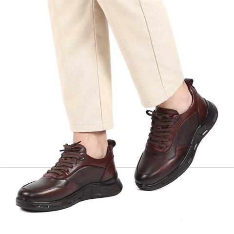 Erkek Kahverengi Bağcıklı Kalın Tabanlı Deri Sneaker