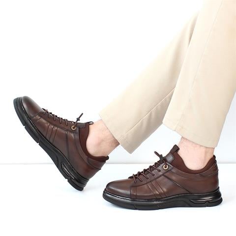 Erkek Kahverengi Bağcıklı Kalın Tabanlı Deri Sneaker