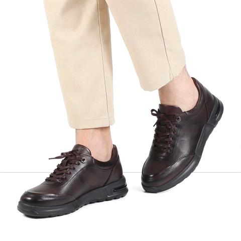 Erkek Kahverengi Bağcıklı Kalın Tabanlı Deri Sneaker