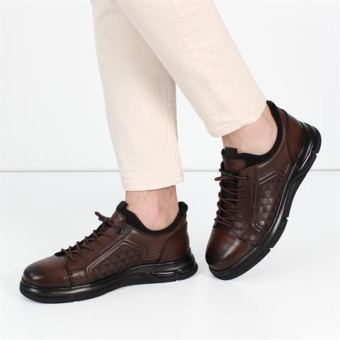 Erkek Kahverengi Bağcıklı Kalın Tabanlı Deri Sneaker