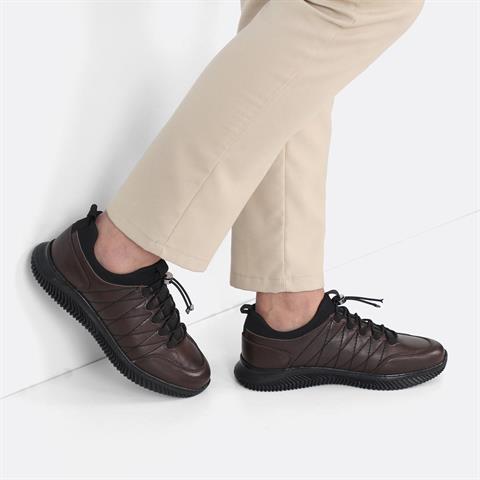 Erkek Kahverengi Bağcıklı Kalın Tabanlı Deri Sneaker