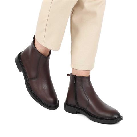 Erkek Kahverengi Fermuarlı Deri Bot