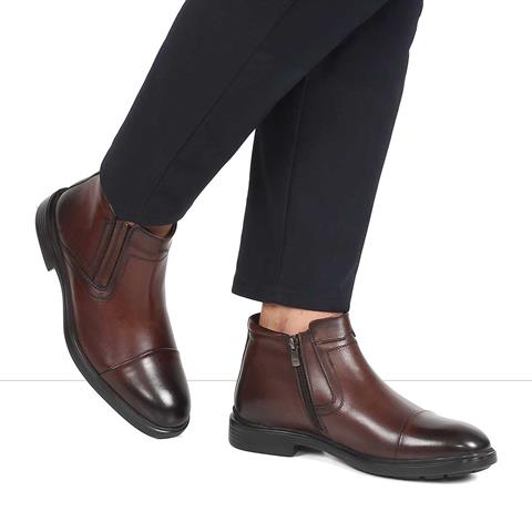 Erkek Kahverengi Fermuarlı Klasik Deri Bot