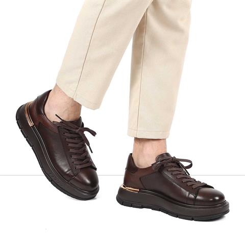 Erkek Kahverengi Kalın Tabanlı Deri Sneaker