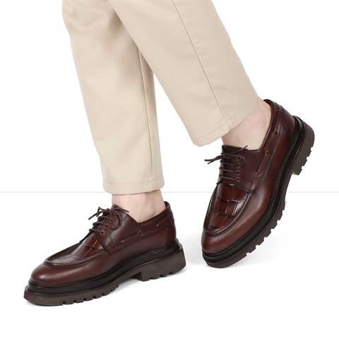 Erkek Kahverengi Kroko Bağcıklı Kalın Tabanlı Deri Günlük Ayakkabı