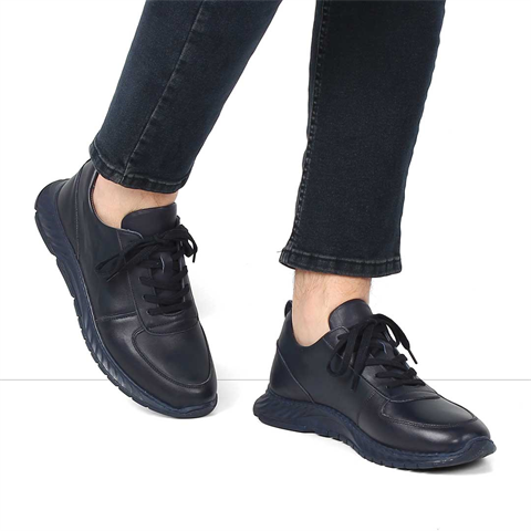 Erkek Lacivert Bağcıklı Deri Sneaker