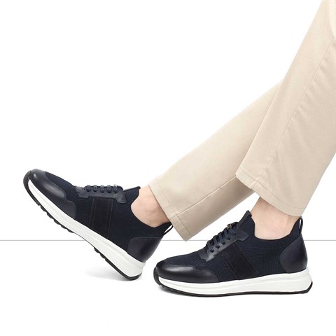 Erkek Lacivert Bağcıklı Deri Sneaker