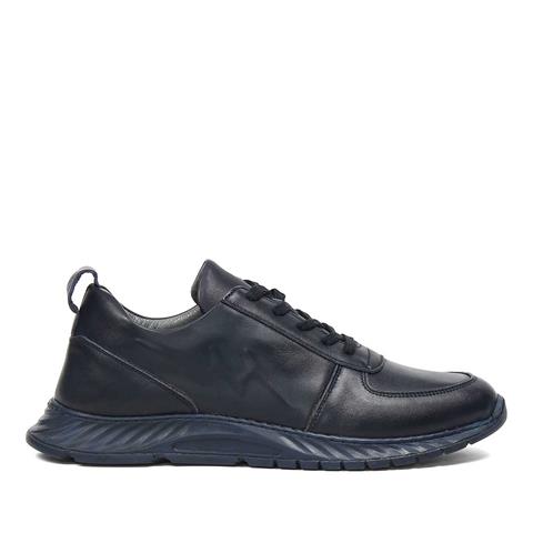 Erkek Lacivert Bağcıklı Deri Sneaker