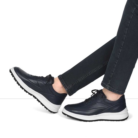Erkek Lacivert Bağcıklı Kalın Tabanlı Deri Sneaker