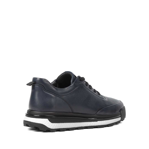 Erkek Lacivert Bağcıklı Kalın Tabanlı Deri Sneaker