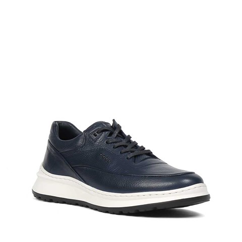 Erkek Lacivert Bağcıklı Kalın Tabanlı Deri Sneaker