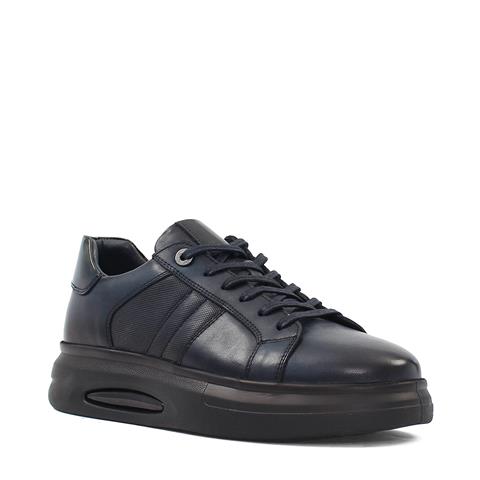 Erkek Lacivert Bağcıklı Kalın Tabanlı Deri Sneaker