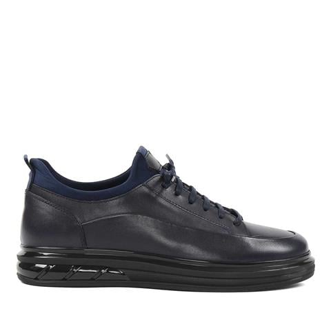 Erkek Lacivert Bağcıklı Kalın Tabanlı Deri Sneaker
