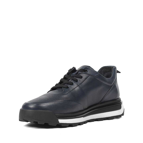 Erkek Lacivert Bağcıklı Kalın Tabanlı Deri Sneaker
