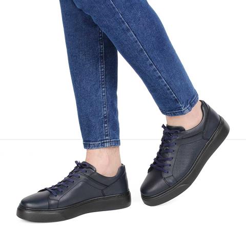 Erkek Lacivert Bağcıklı Kalın Tabanlı Deri Sneaker