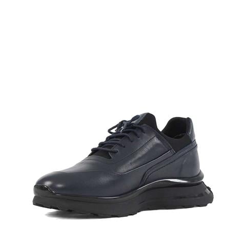Erkek Lacivert Bağcıklı Kalın Tabanlı Deri Sneaker