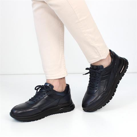 Erkek Lacivert Bağcıklı Kalın Tabanlı Deri Sneaker