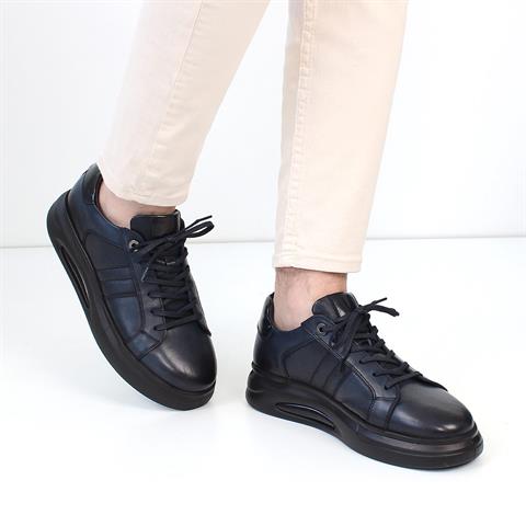 Erkek Lacivert Bağcıklı Kalın Tabanlı Deri Sneaker