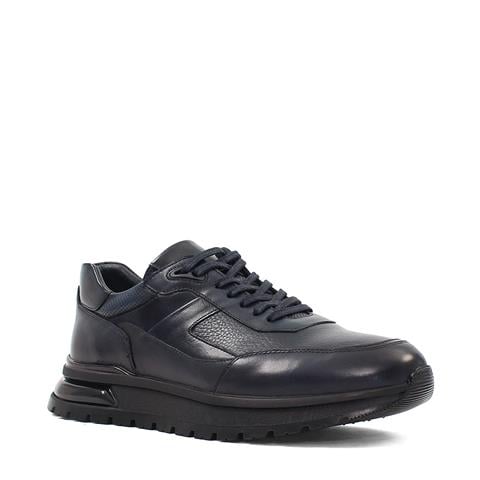 Erkek Lacivert Bağcıklı Kalın Tabanlı Deri Sneaker