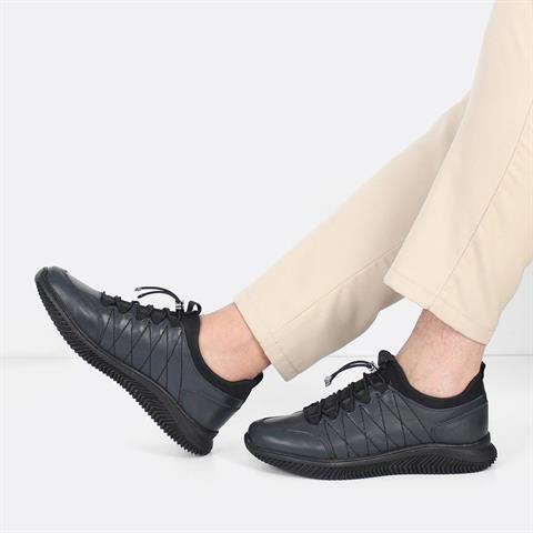 Erkek Lacivert Bağcıklı Kalın Tabanlı Deri Sneaker