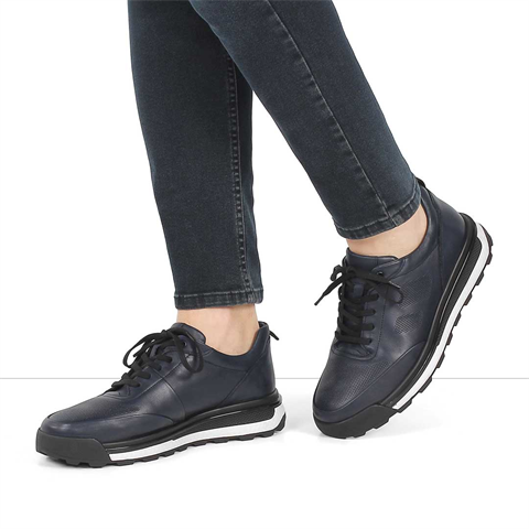 Erkek Lacivert Bağcıklı Kalın Tabanlı Deri Sneaker