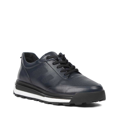 Erkek Lacivert Bağcıklı Kalın Tabanlı Deri Sneaker
