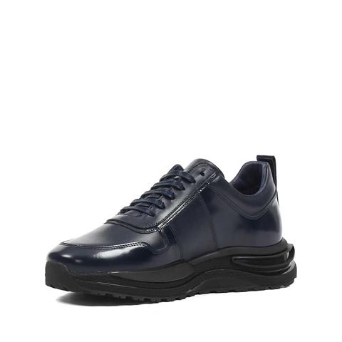 Erkek Lacivert Bağcıklı Kalın Tabanlı Deri Sneaker