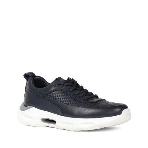 Erkek Lacivert Bağcıklı Kalın Tabanlı Deri Sneaker