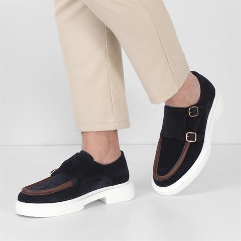 Erkek Lacivert Çift Tokalı Süet Deri Günlük Ayakkabı