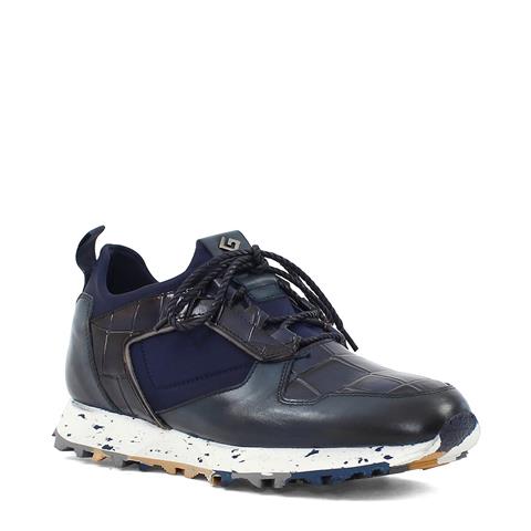 Erkek Lacivert Kroko Bağcıklı Kalın Tabanlı Deri Sneaker