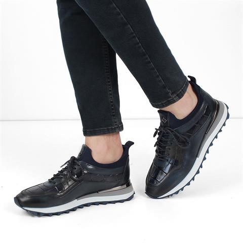 Erkek Lacivert Kroko Bağcıklı Kalın Tabanlı Deri Sneaker
