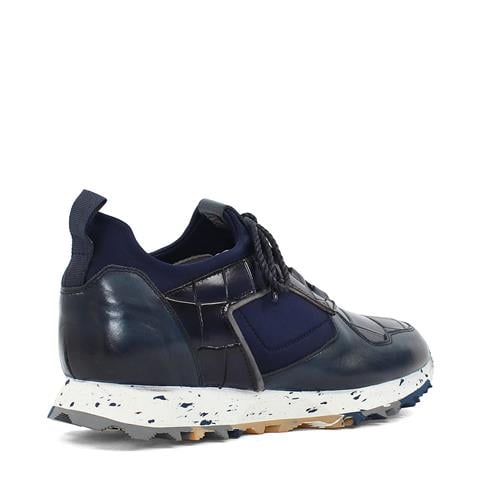 Erkek Lacivert Kroko Bağcıklı Kalın Tabanlı Deri Sneaker