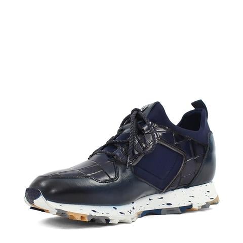 Erkek Lacivert Kroko Bağcıklı Kalın Tabanlı Deri Sneaker