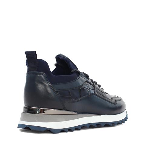 Erkek Lacivert Kroko Bağcıklı Kalın Tabanlı Deri Sneaker
