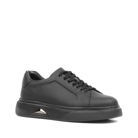 Erkek Mat Siyah Bağcıklı Kalın Tabanlı Deri Sneaker