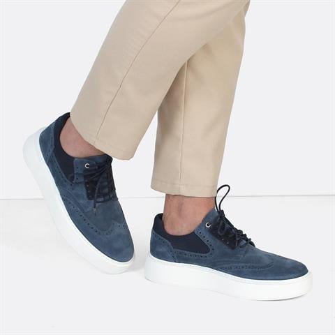 Erkek Mavi Bağcıklı Kalın Tabanlı Süet Deri Sneaker