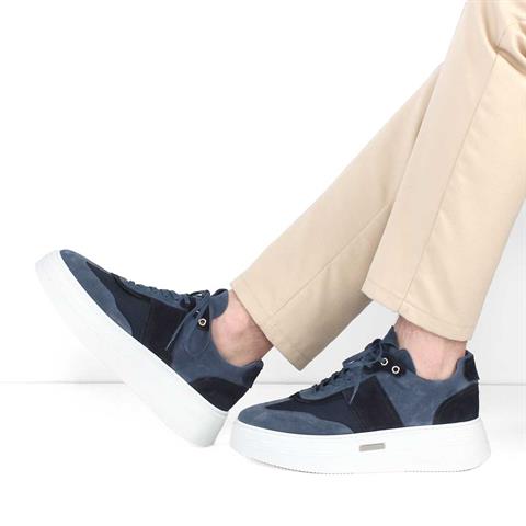 Erkek Mavi Bağcıklı Kalın Tabanlı Süet Deri Sneaker